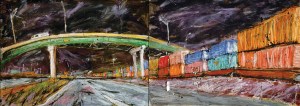 Double Stack Train Cars, mixed media on paper, 84x30 inches