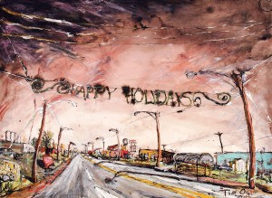 View Driving into Spencer, mixed media on paper, 42x30 inches