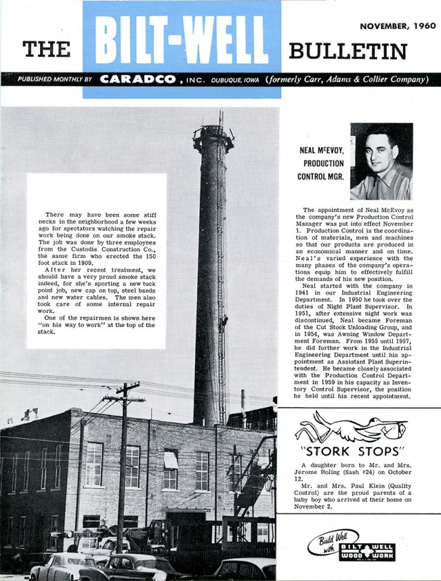 The Bilt-Well Bulletin, November, 1960, showing the Avery Railing building when it was part of the Caradco powerhouse.